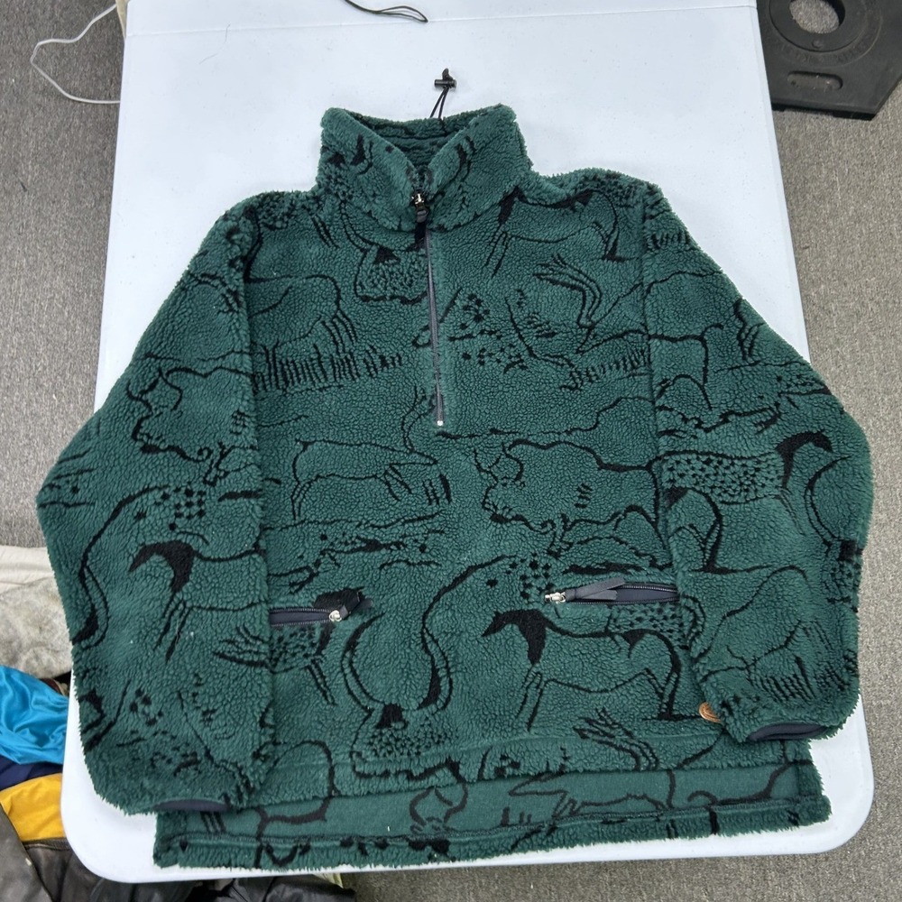 Woolrich Fleece Pullover womans L Green Animal Print Quarter Zip Sherpa Jacket